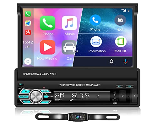 Camecho Carplay Autoradio mit Bildschirm Android Auto 7 Zoll Autoradio Bluetooth 1din RüCkfahrkamera Manuelle Ausfahrbarem Display Touchscreen Auto Radio FM USB AUX TF Mirrorlink